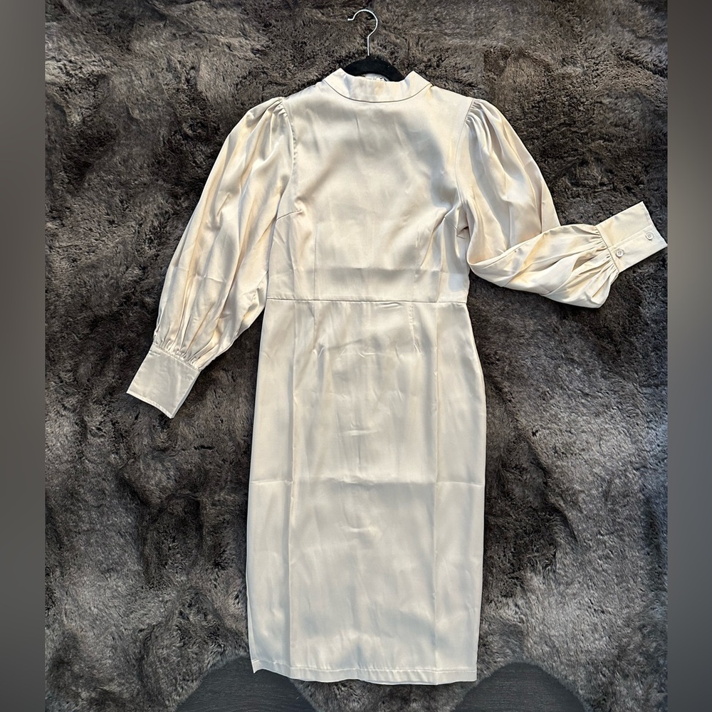 Long Sleeve Champagne Satin Midi Dress - NEW WITH TAGS